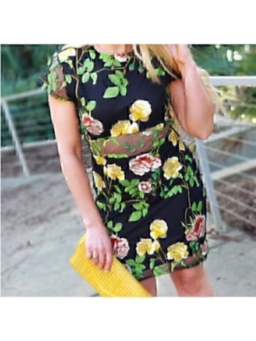 Agaci Floral Mesh Embroidery Bodycon Flower Short Sleeve Mini Dress M